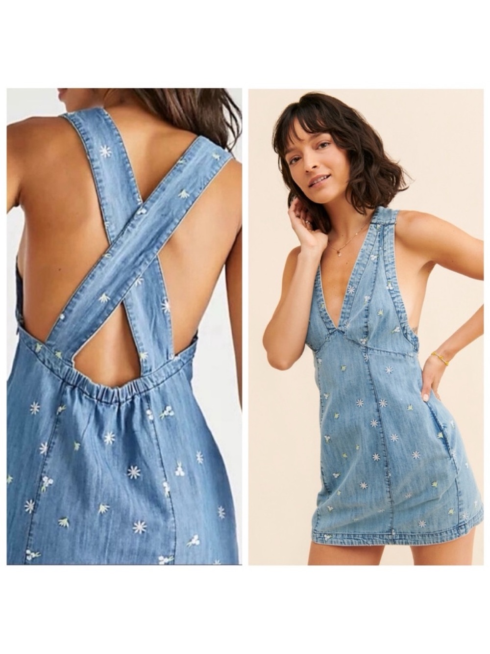 Free People Corinne Denim Floral Embroidered mini dress